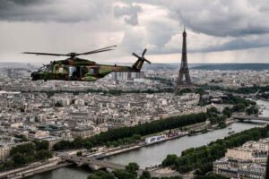 The River Seine is seen curving through Paris during July 2021 preparations for Bastille Day.